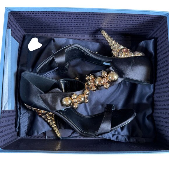 Prada Authentic Black Satin Embellished Gold Ball Mary Jane Heels Shoes Size 38 - Picture 14 of 14